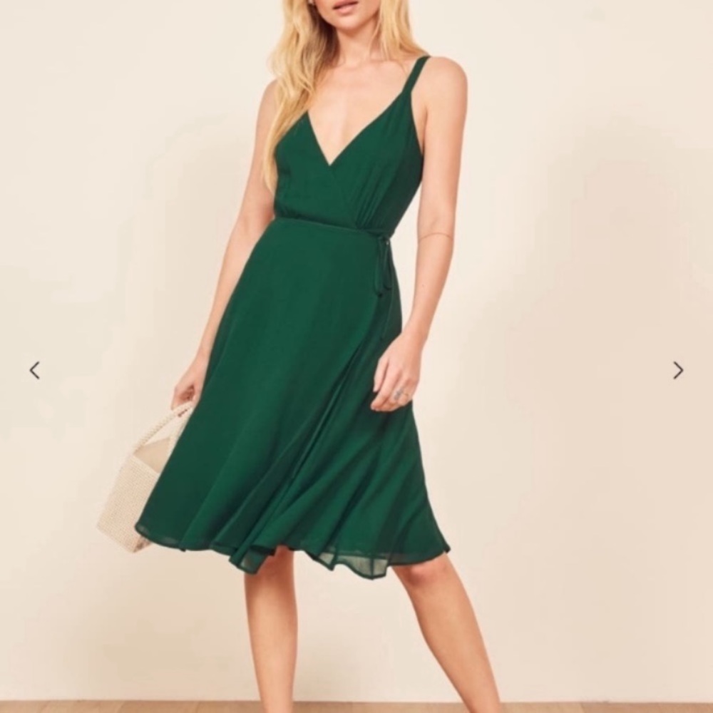Light and airy Reformation wrap dress in gorgeous green